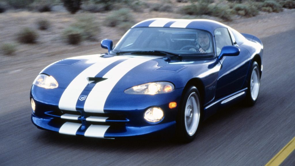 Early-edition Dodge Viper in blue with white stripes