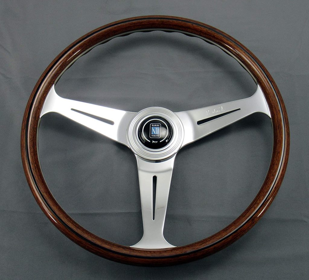 Nardi N140 aftermarket steering wheel polished mahogany wood, three spokes are made of polished alumininum