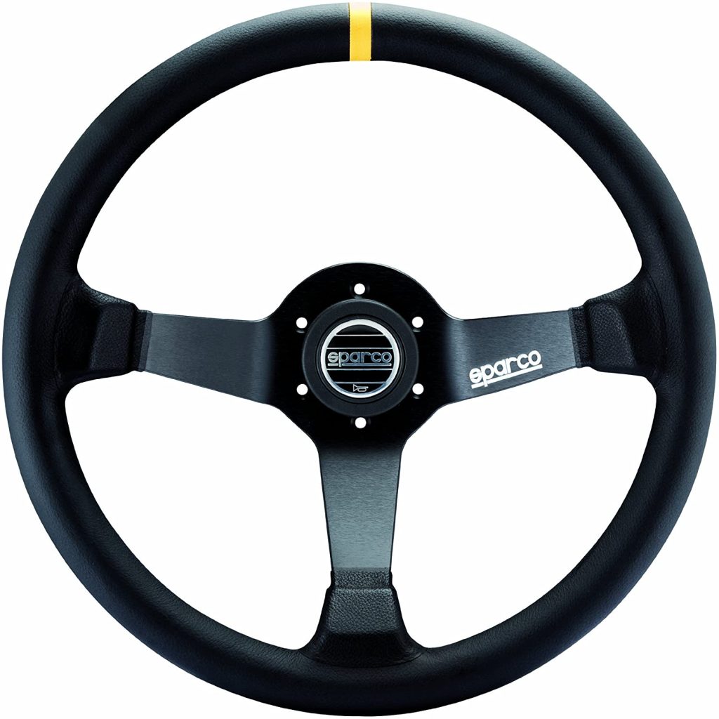 Leather steering wheel Sparco with classic design and yellow ring on top