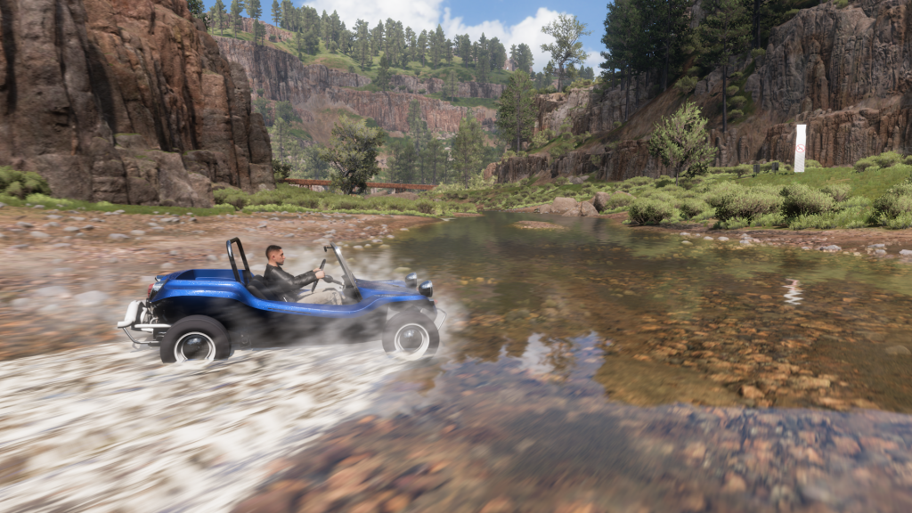 The Meyers Manx crossing a river during dry season (source: Forza Horizon 5)