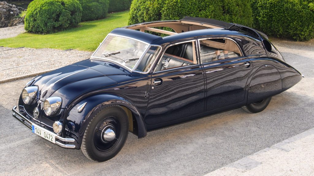 The 1936 Tatra 77 (here, depicted in the 77A version) was the first car designed with focus on 