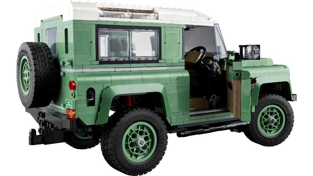 The Lego set depicts the classic Land Rover Defender in its iconic sage green paint