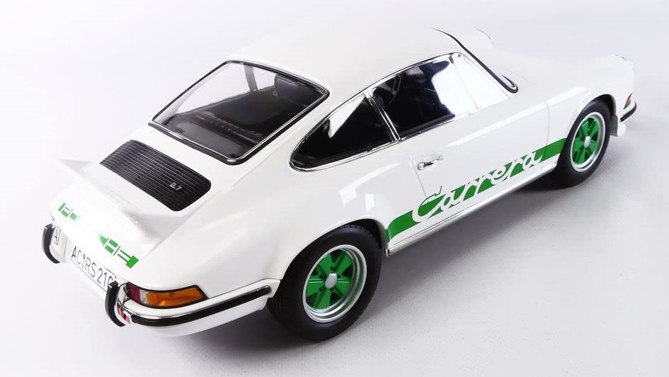 White Porsche 911 RS 1973 with with green stripes  (scale 1/12) by Norev