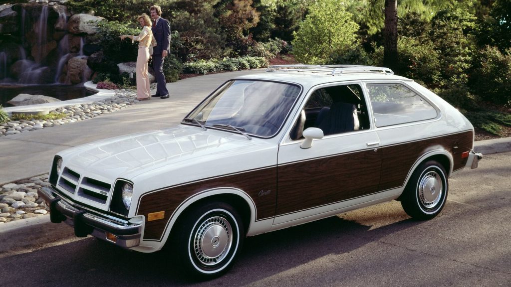 Front quarter view of the 1976 Chevrolet Chevette in white with a woodgrain side trim