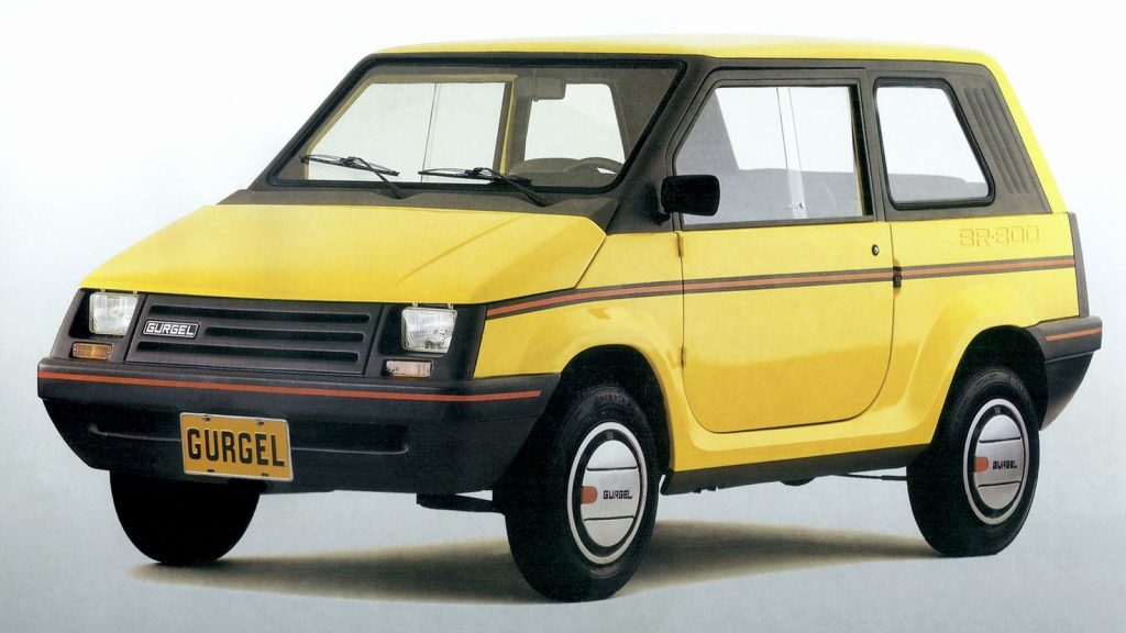 Front quarter view of the 1988 Gurgel BR-800 in yellow