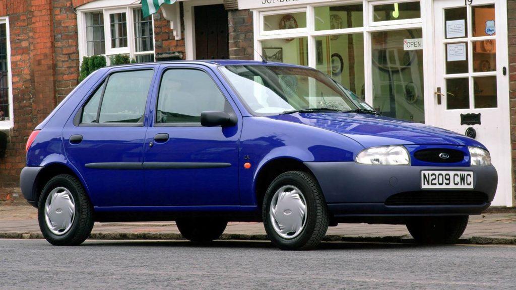 Front quarter view of the 1996 Ford Fiesta in blue