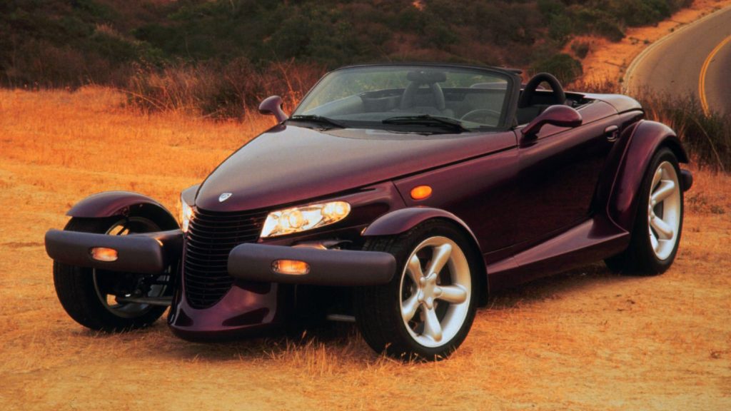 Front quarter view of the 1997 Plymouth Prowler in its signature burgundy color