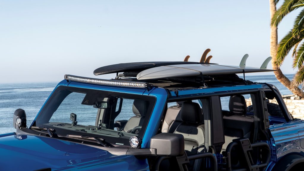 2022 Ford Bronco Riptide Concept with surfboards on its roof rack