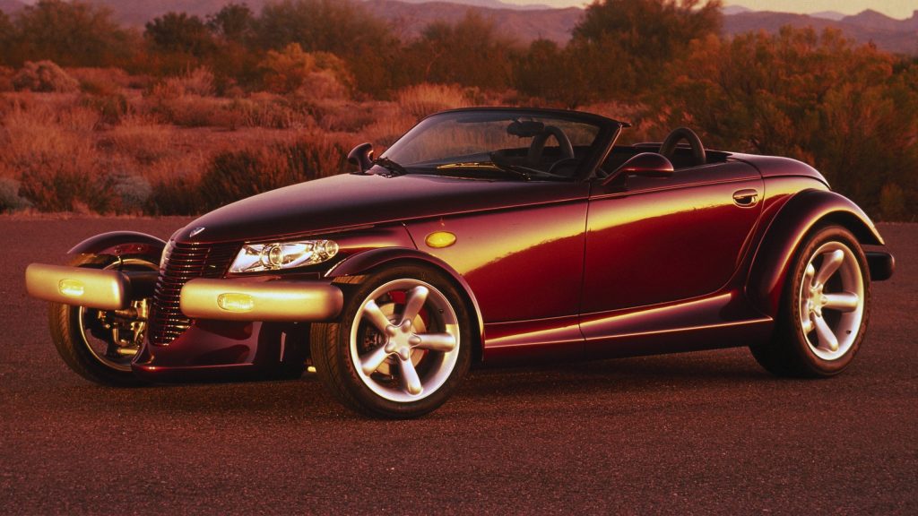 Front quarter view of the 1997 Plymouth Prowler. The hot rod design is its main retro car trait