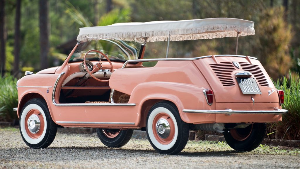 Rear quarter view of the 1958 Fiat 600 Jolly in salmon