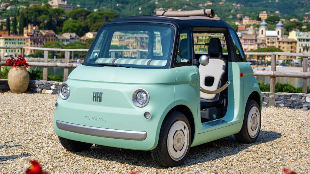 Front quarter view of the 2024 Fiat Topolino heavy quadricycle in light green