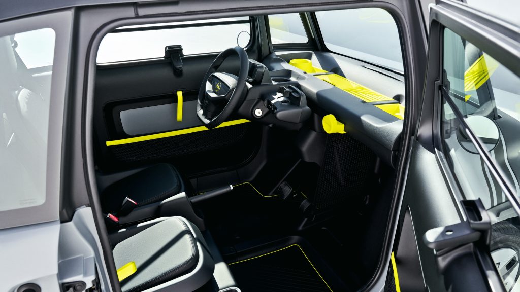 Cabin of the 2021 Opel Rocks, a heavy quadricycle