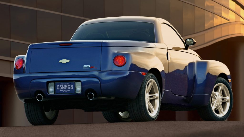 Rear quarter view of the 2003 Chevrolet SSR Signature Series. Those flared fenders are typical of a retro car