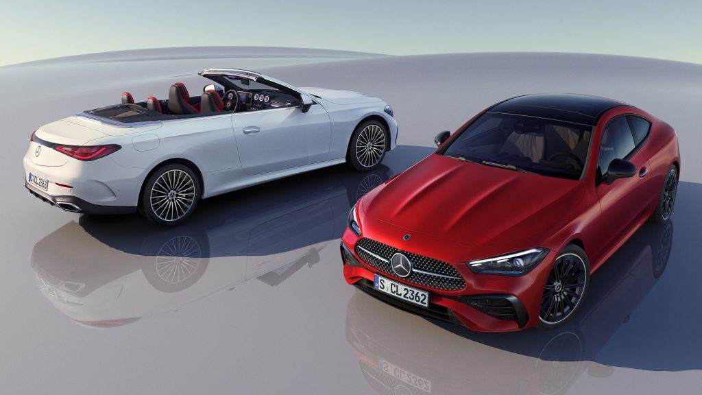 2024 Mercedes-Benz CLE in rear quarter view (Cabriolet) and front quarter view (Coupé)