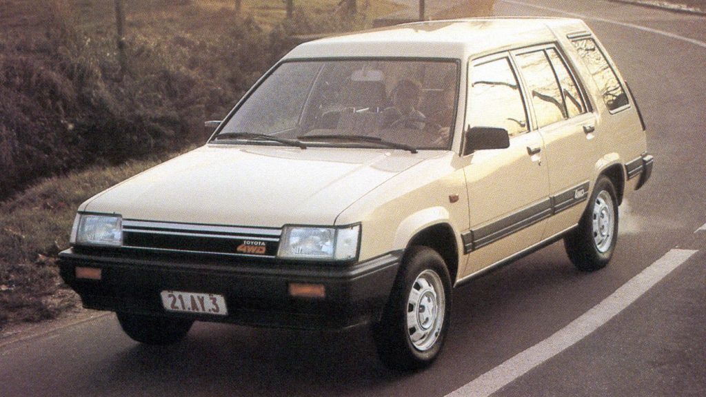 Front quarter view of the 1983 Toyota Tercel Wagon in beige