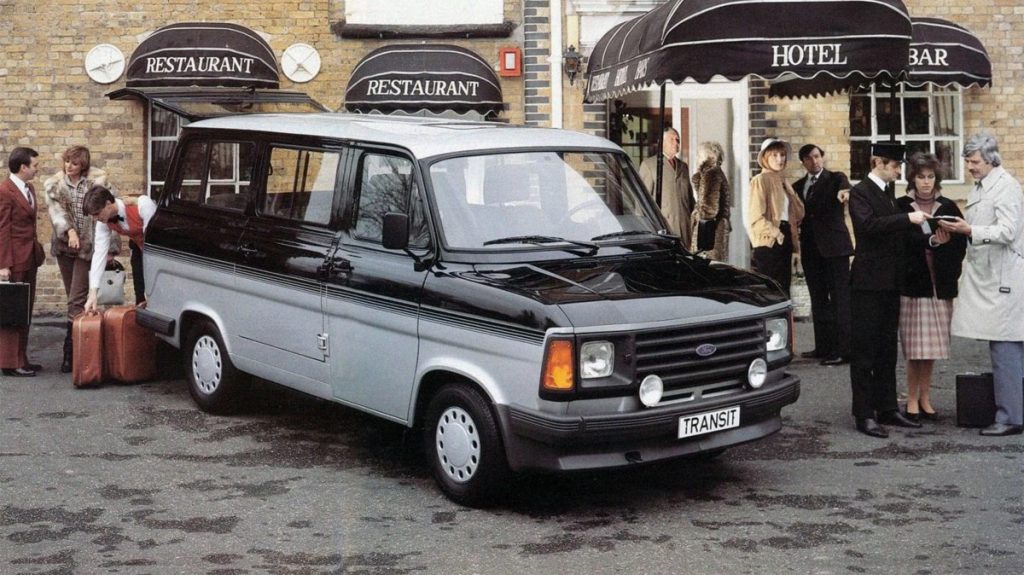 Front quarter view of the 1983 Ford Transit FT100 Ghia in black and gray