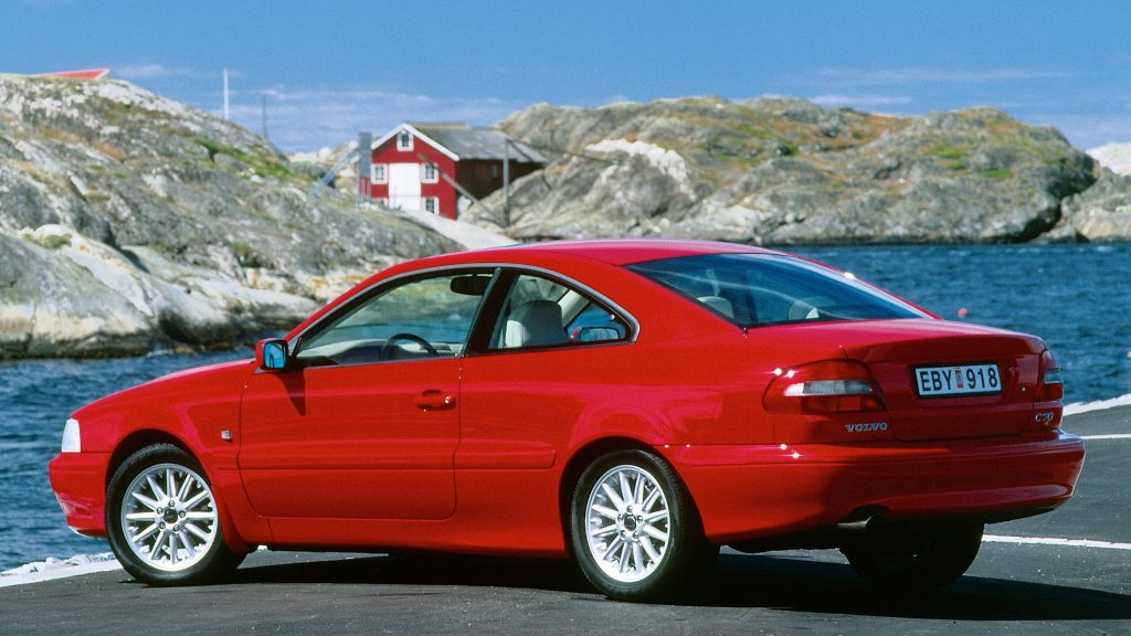 Rear quarter view of the 1996 Volvo C70 in red, which was designed by Ian Callum